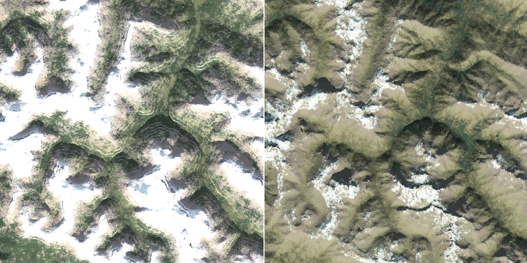 Examples of normal terrain mesh and textures on left and improved terrain mesh and improved textures on the right