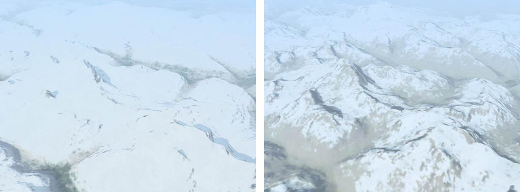 Examples of normal terrain mesh and textures on left and improved terrain mesh and improved textures on the right