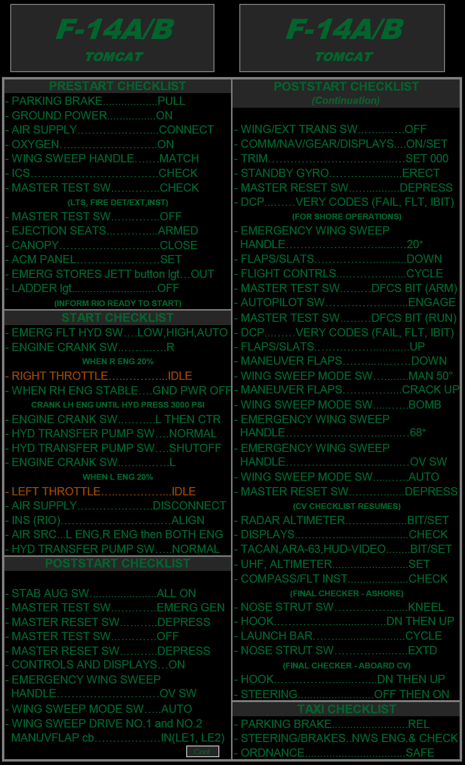 F-14A/B Tomcat Night Quick Checklist.