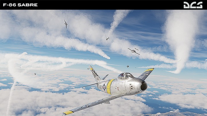 F-86 Sabres dogfighting MiG-15s