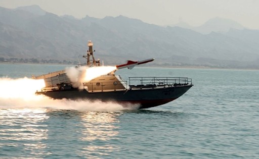 Iranian Boghammar fast attack boat firing Exocet missile