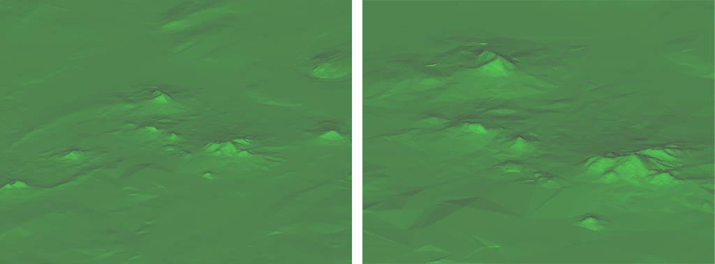 Слева показан рельеф в окрестностях Пятигорска и Минеральных Вод в том же масштабе, что и предыдущие виды, справа вдвое подробней
