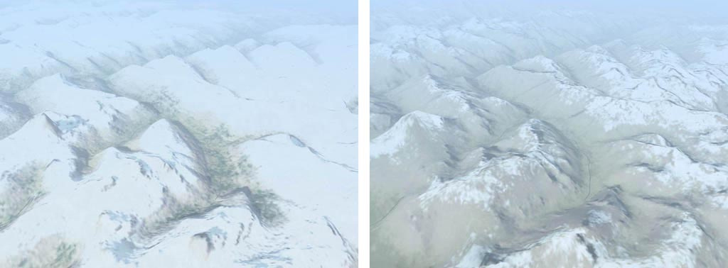 Виды горной местности в симуляторах Горячие Скалы слева и Черная Акула справа