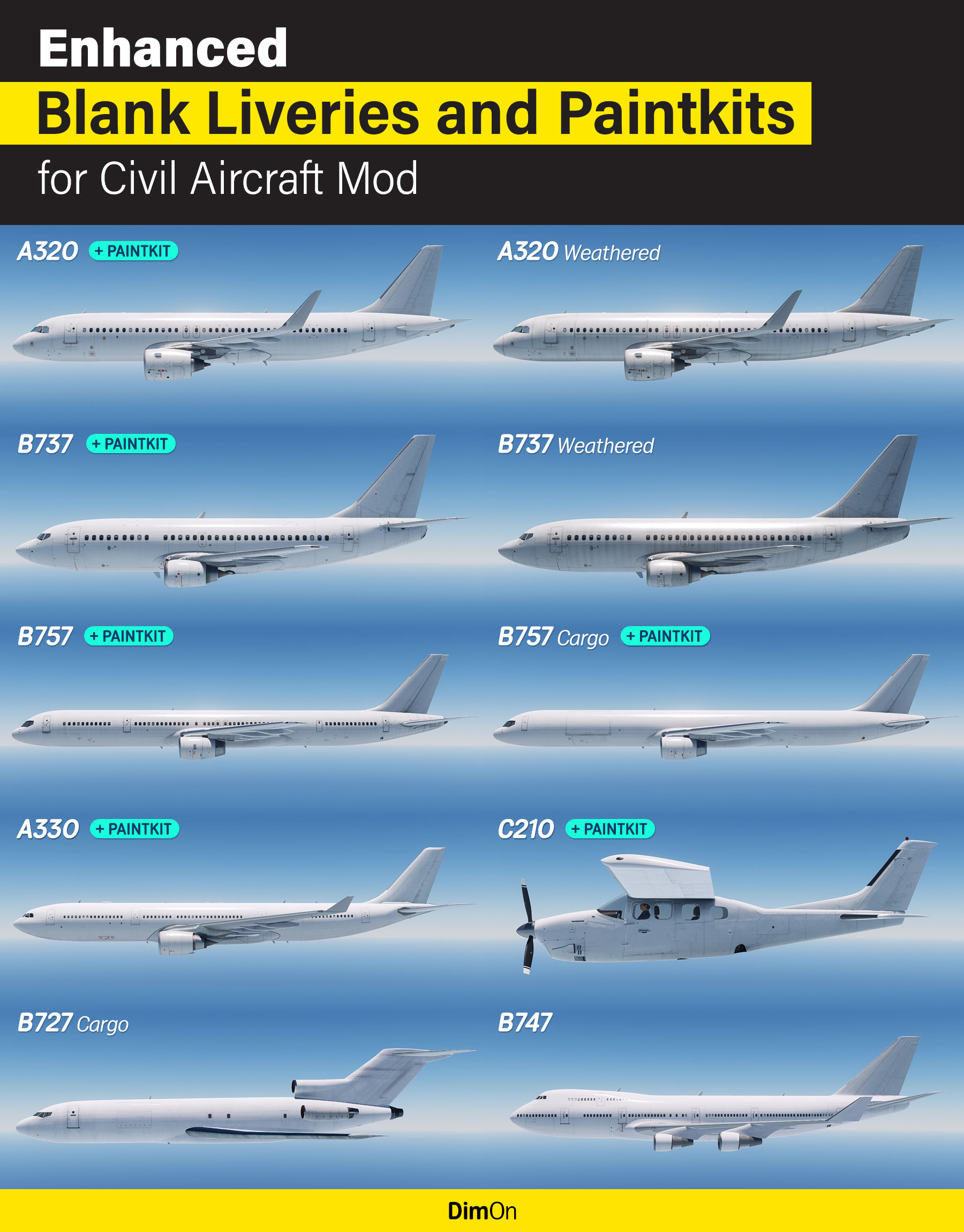 Enhanced Blank Liveries and Paintkits for Civil Aircraft Mod (CAM) - Updated 13 September 2021