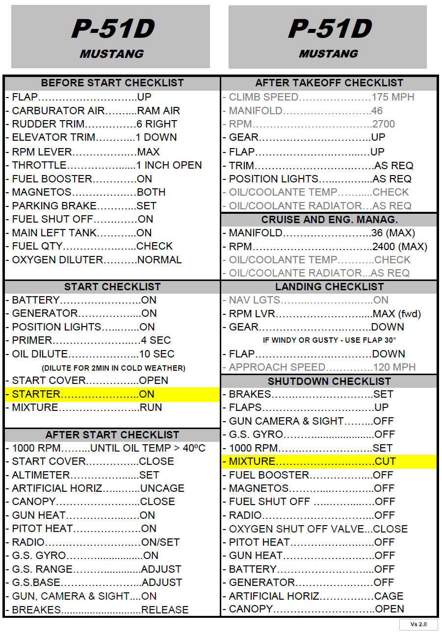 P-51D Quick Checklist. (Update vs 2.0)