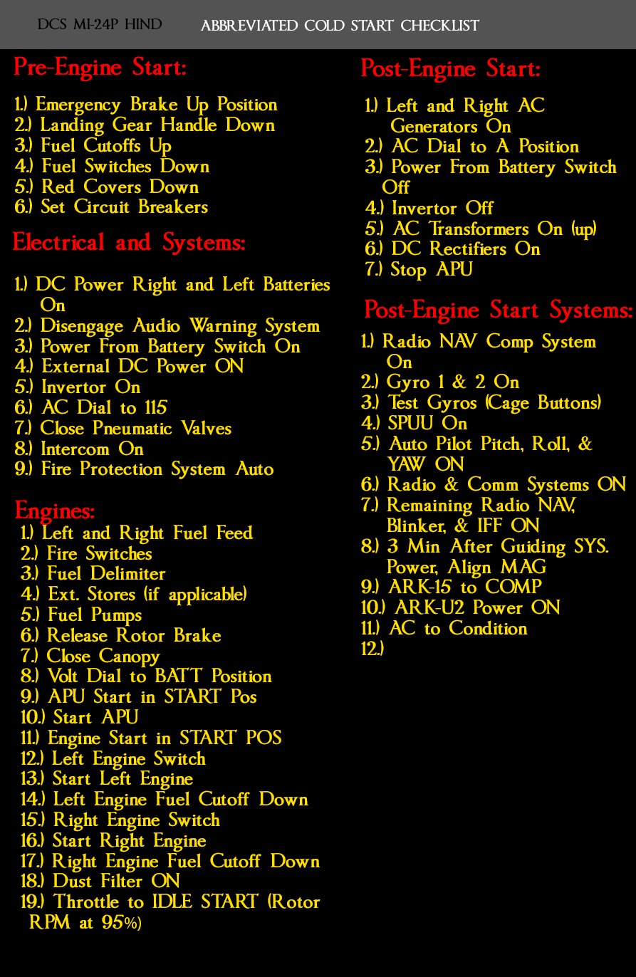 Mi-24P Abbreviated Startup Checklist Kneeboard
