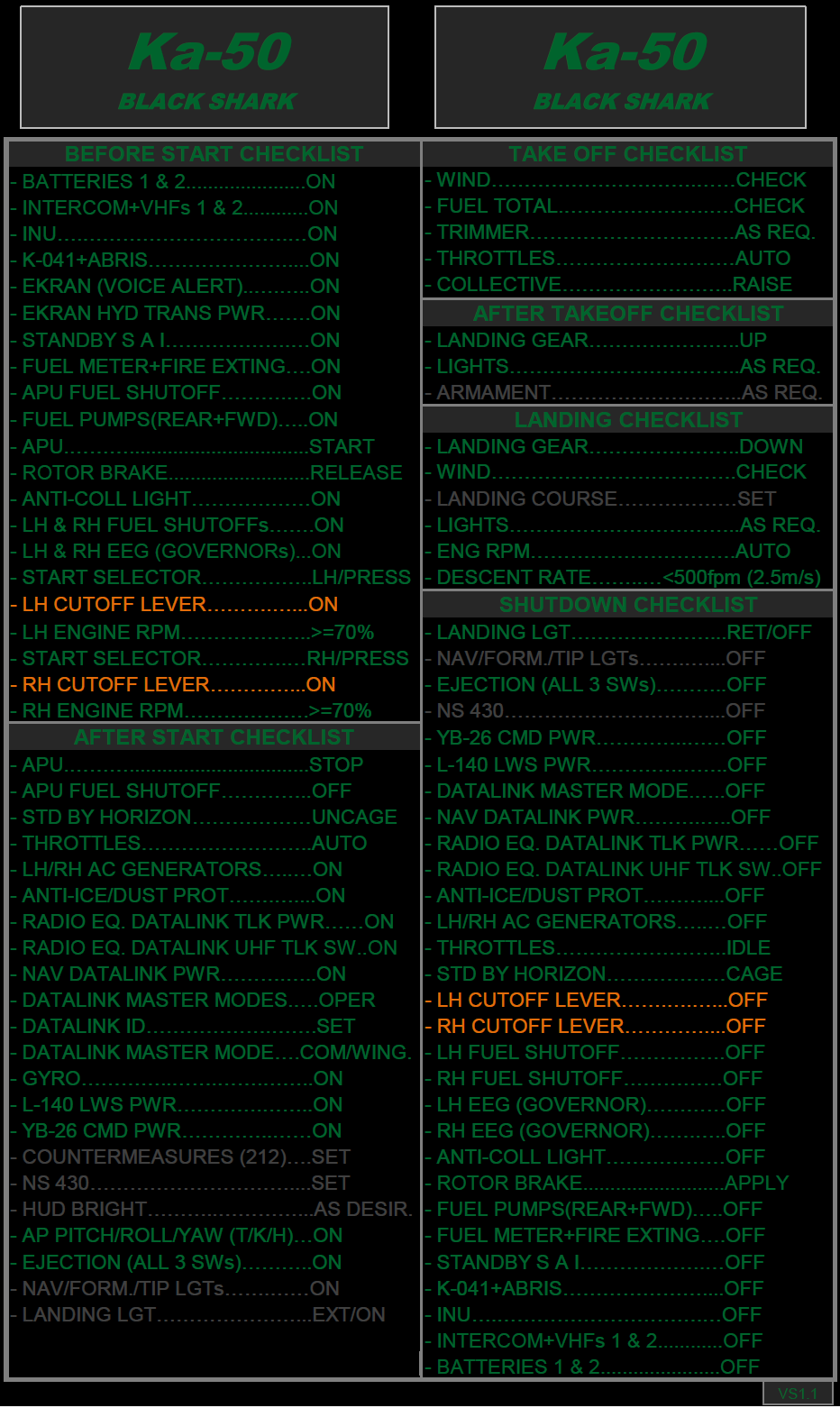 Ka-50 Night Ops Quick Checklist and Weapons Checklist. Night Ops. (update vs 1.1)