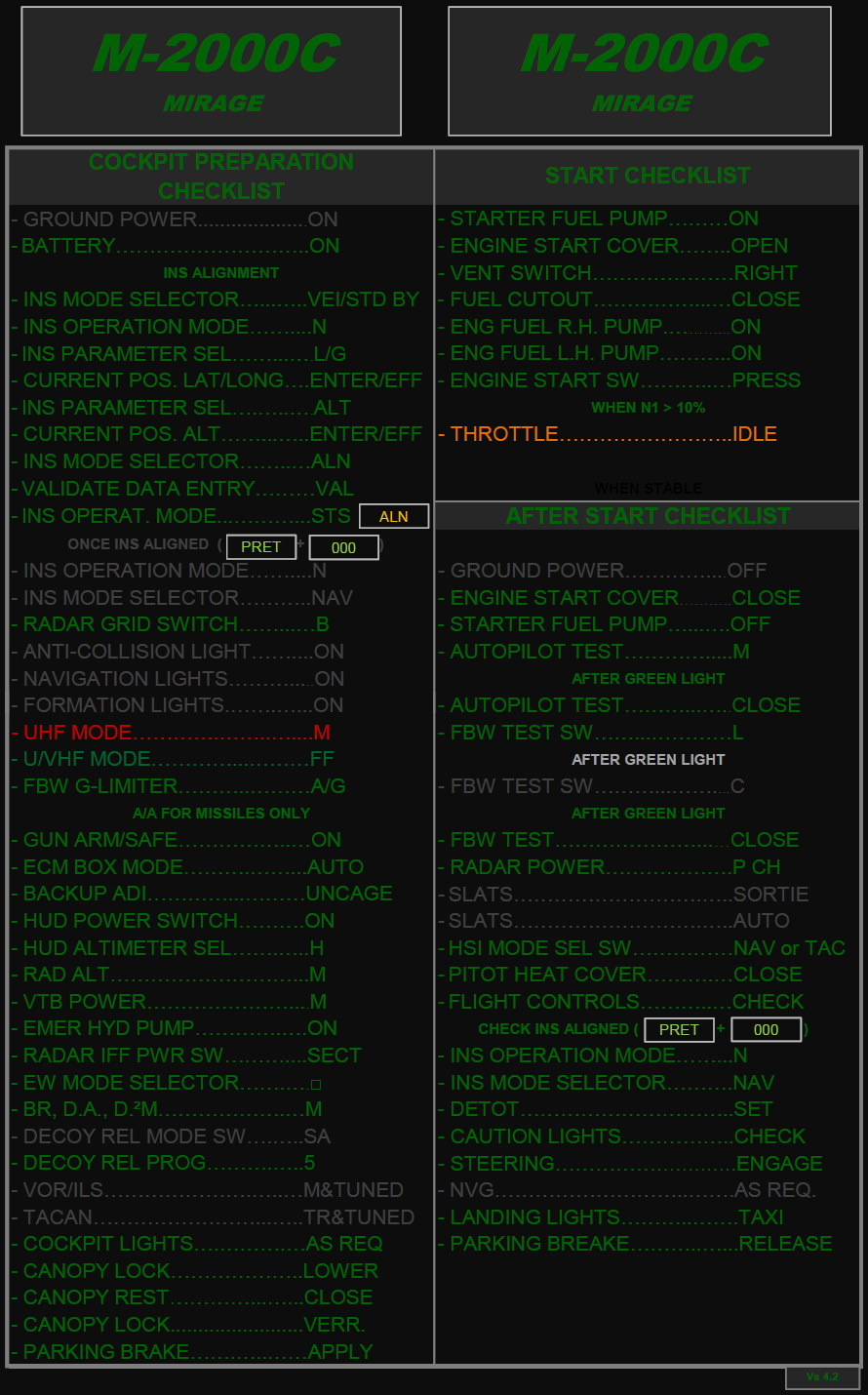 M-2000C Quick Checklist for Night Ops.  (Update 4.2)