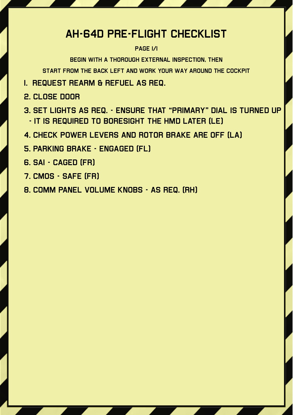 VR Ready Pre-startup and cold start checklists for AH-64D Apache