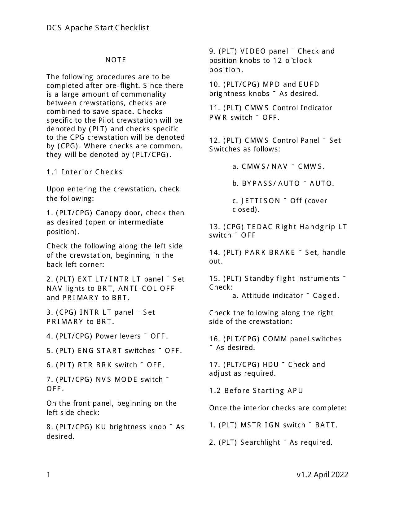 DCS AH64D Start Checklist