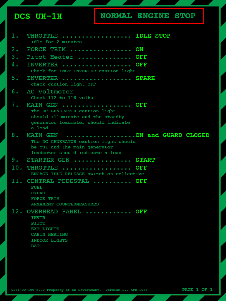 UH-1H Shutdown Checklist - Kneeboard