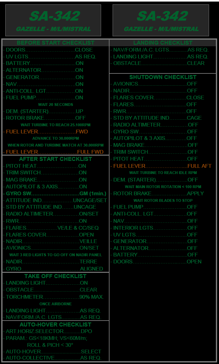 SA-342 Gazelle Night Ops Quick Checklist and Weapons Checklist(M/L/Mistral/Minigun)