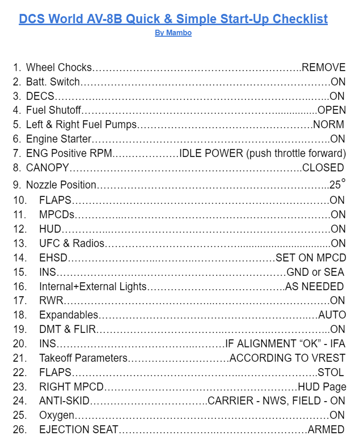 AV-8B Harrier Quick & Simple Start-Up Checklist - By Mambo