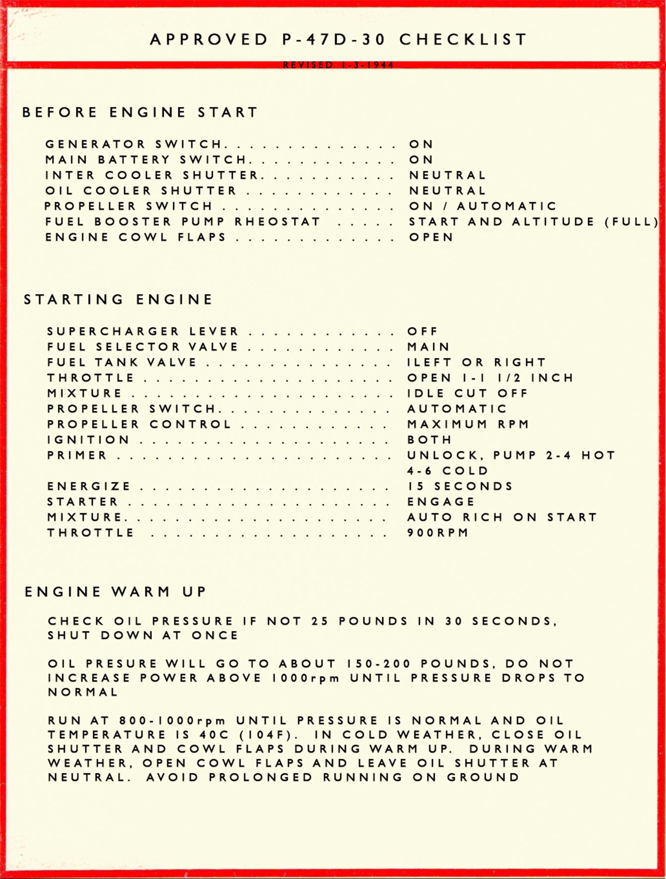 P-47D Startup Checklist