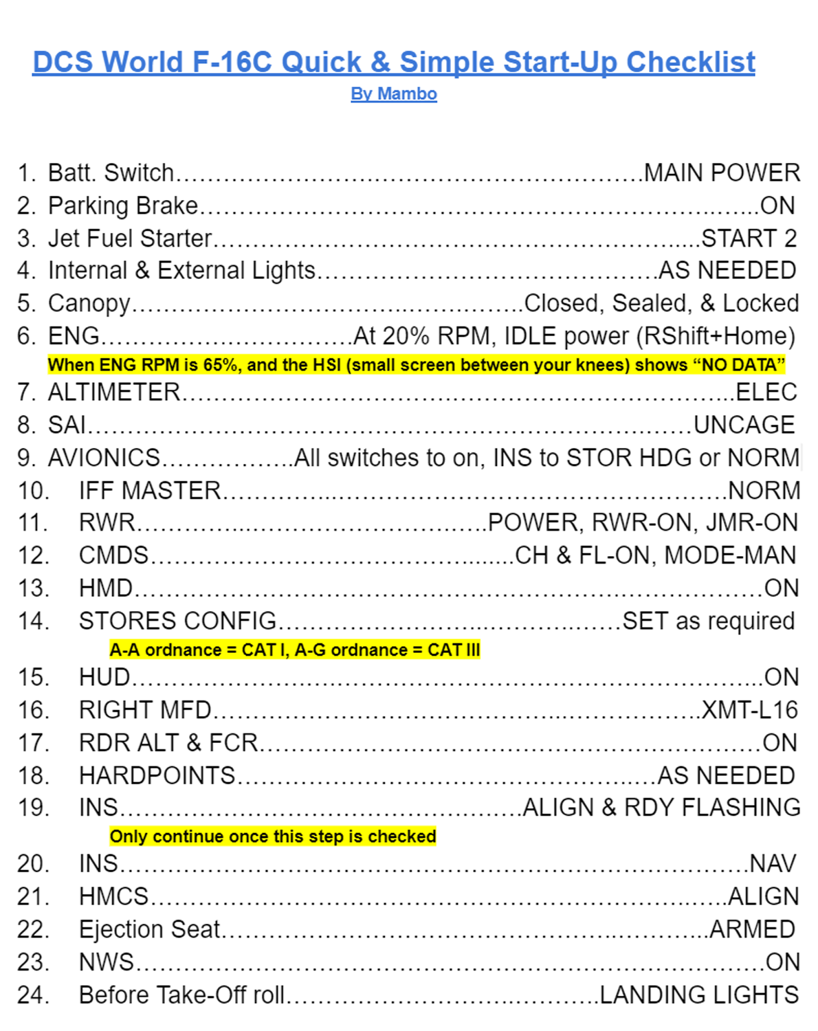 F-16C Viper Quick & Simple Start-Up Checklist - By Mambo