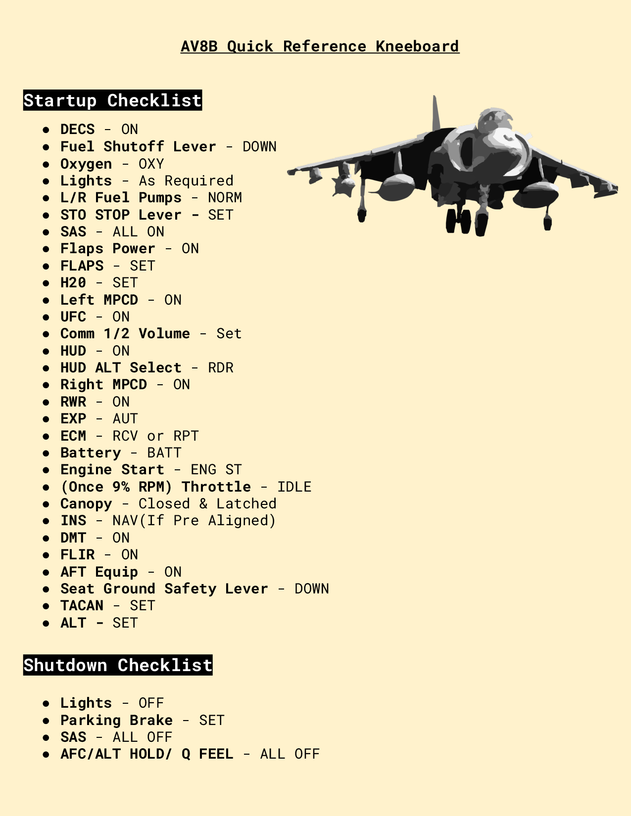 AV8B Harrier Quick Reference Kneeboard and Checklists By: Hayden