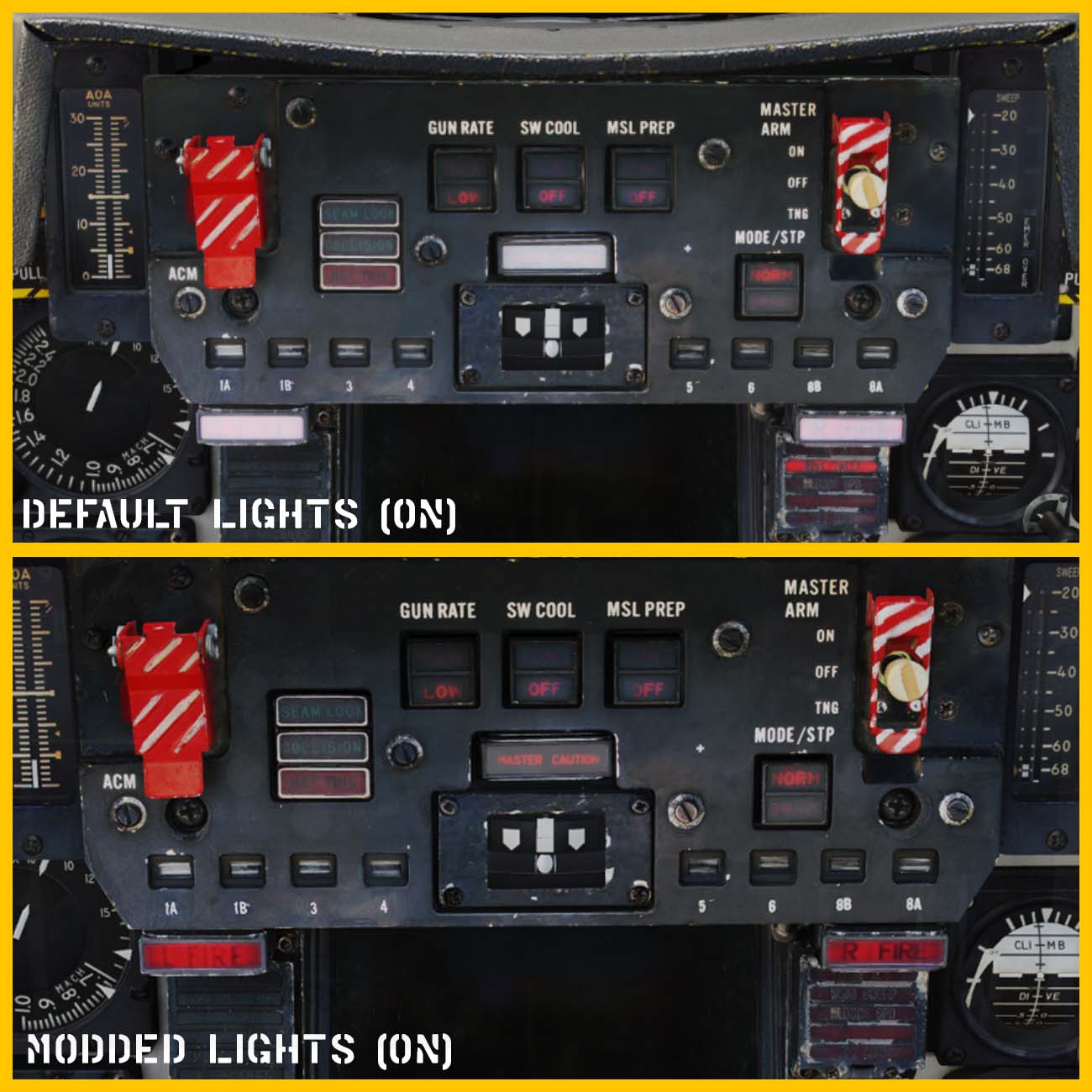 Readable F-14 MASTER CAUTION and L/R Fire Lights