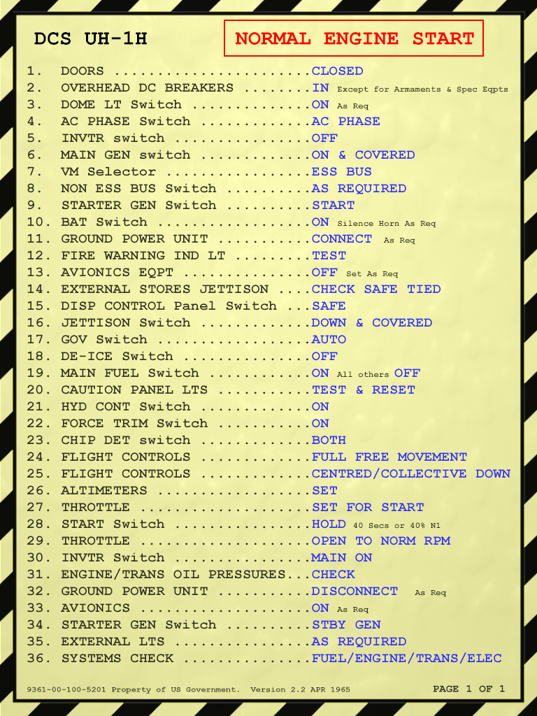 UH1H Startup Checklist Kneeboard