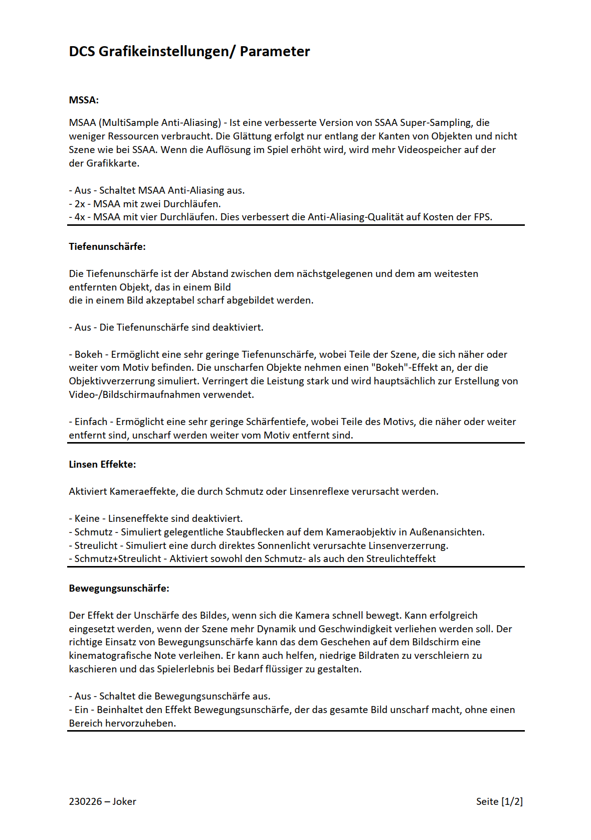DCS Grafikeinstellungen/Parameter im Hauptmenü v1.2 - 231020