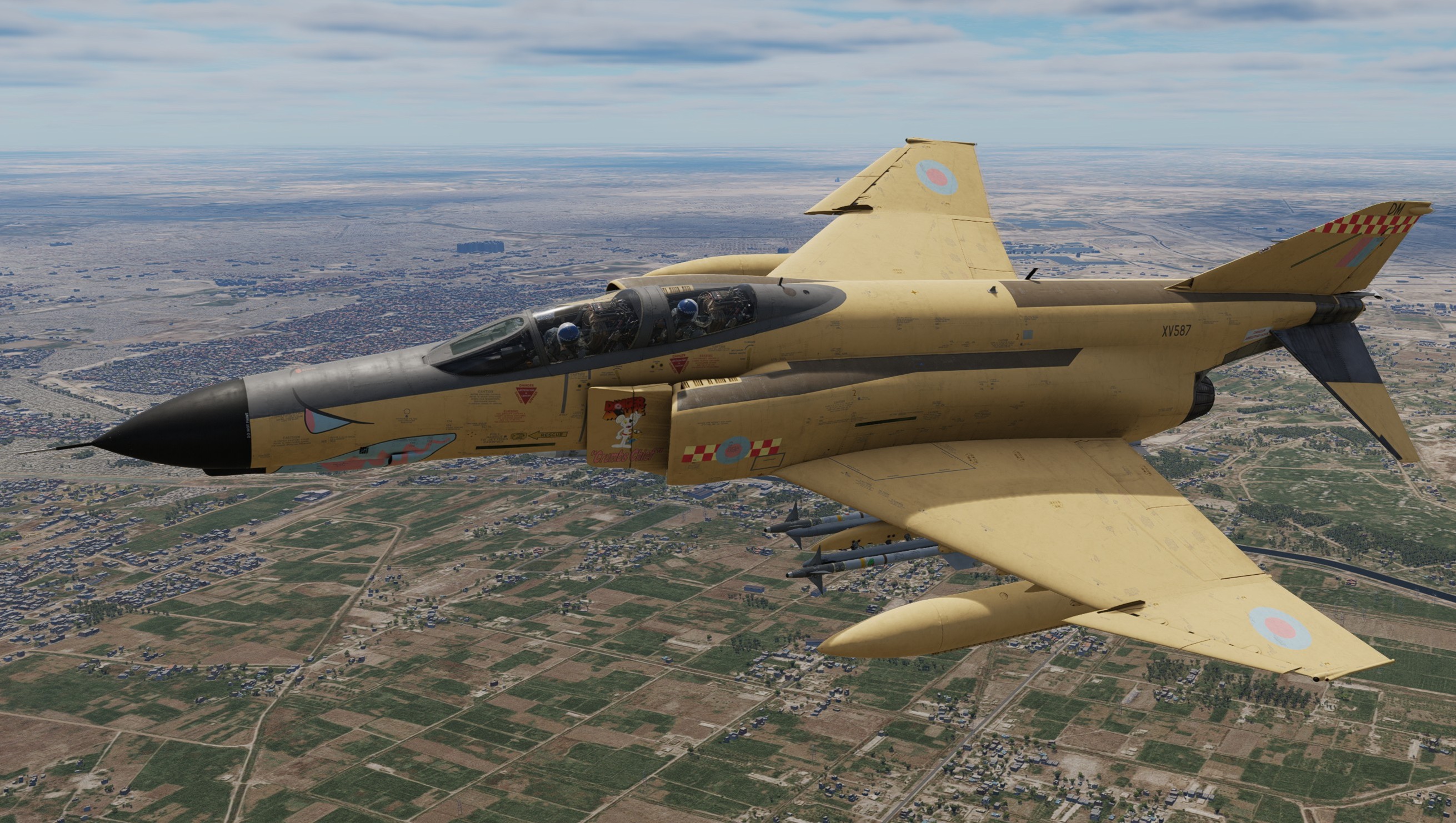 F-4E, Royal Air Force, Desert Scheme (Fictional) w/ Danger Mouse, Dennis the Menace, Snoopy, and Buster Gonad splitter plate art