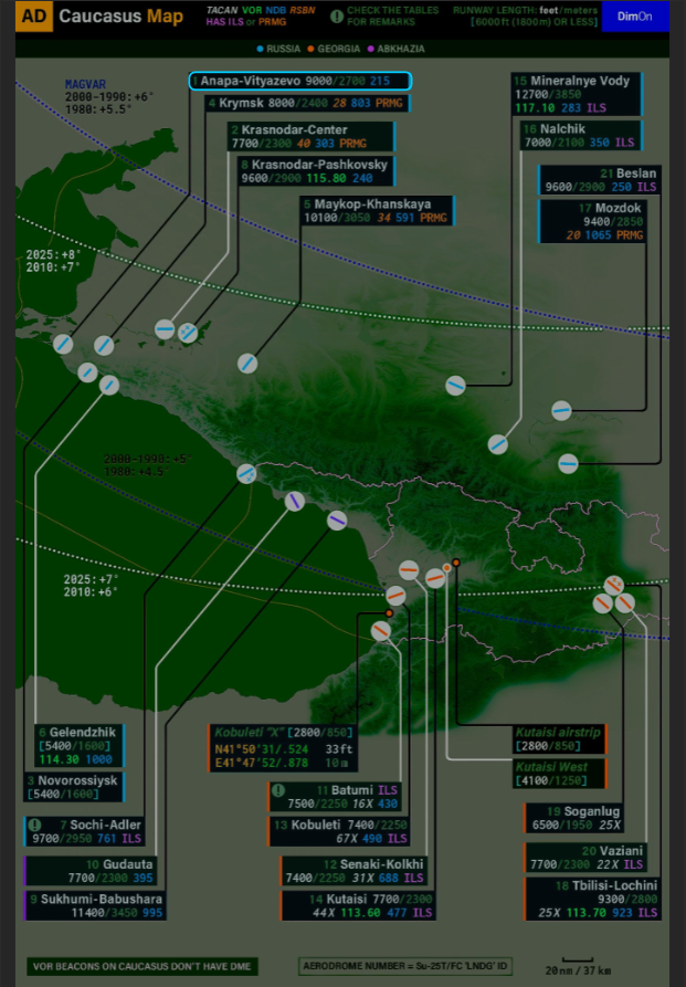 Caucasus (NIGHT) - Airfield diagrams and VFR Chart with Index for better use on OpenKneeboard in VR