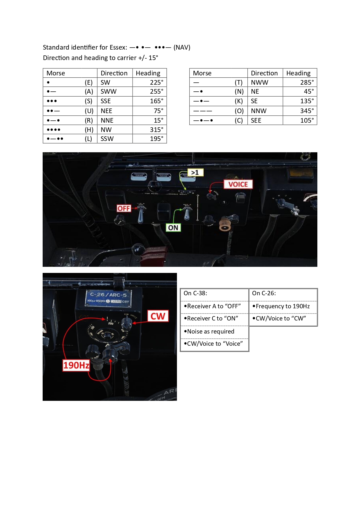 Kneeboard page for F4U Corsair AN/ARC2 (AN/ARR2) ARC5 (C38) Radio navigation to carriers