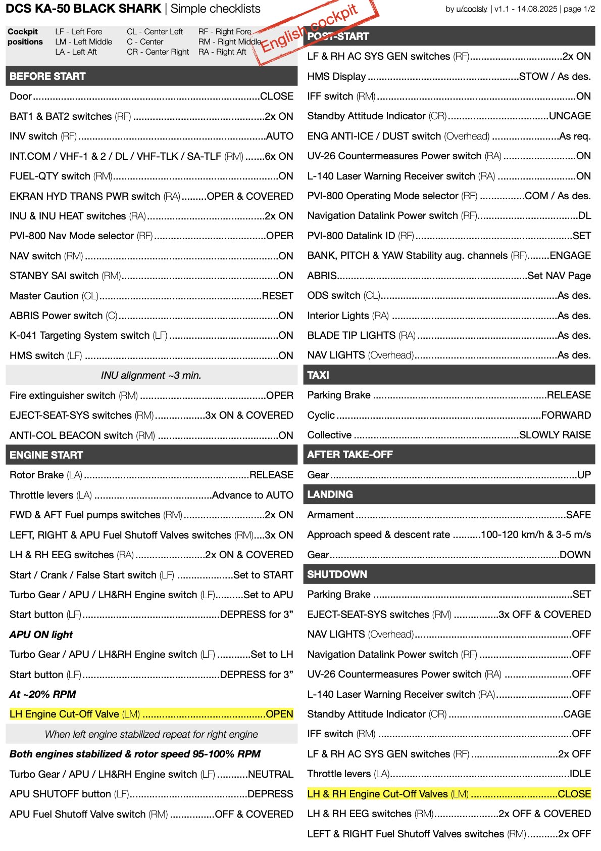 Ka-50 Black Shark Simple Checklists