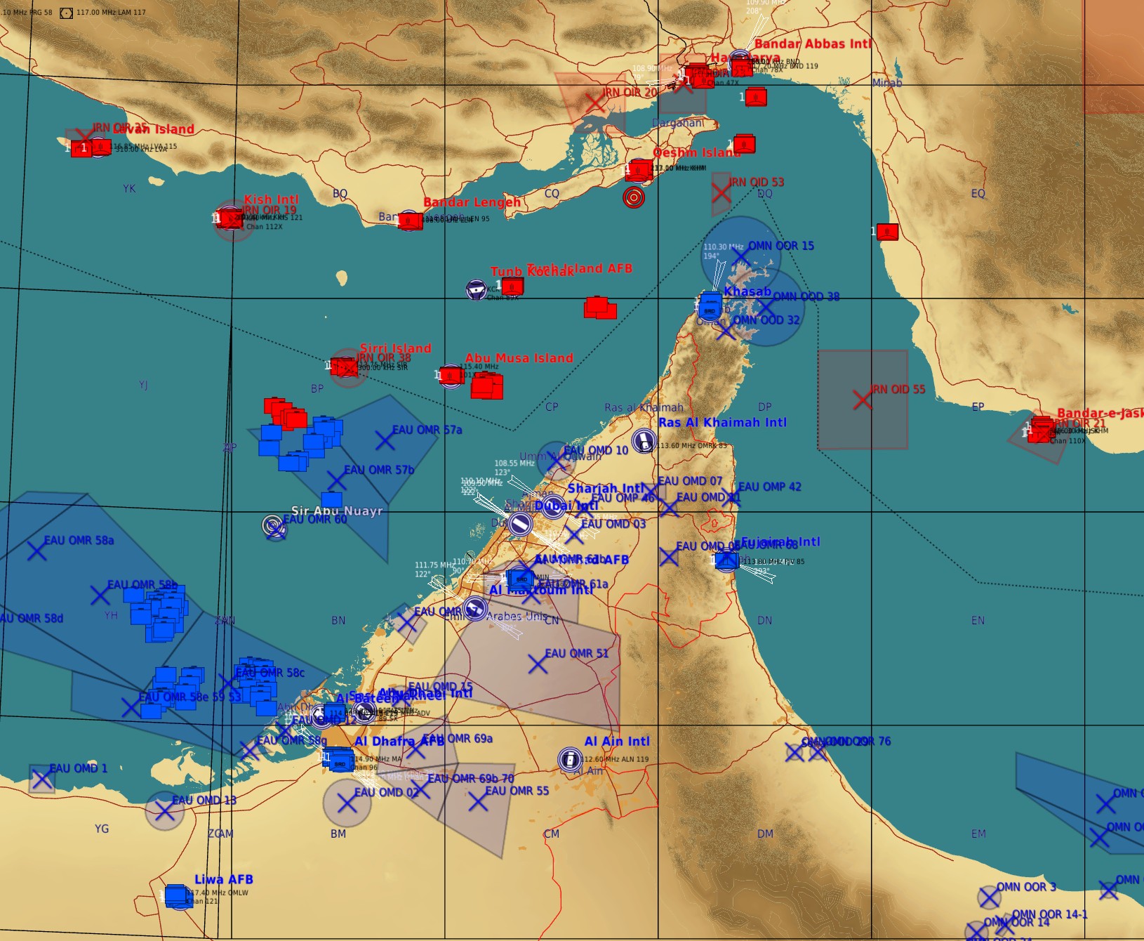 Persian Gulf map - SAM - Restricted air space - Oil platforms