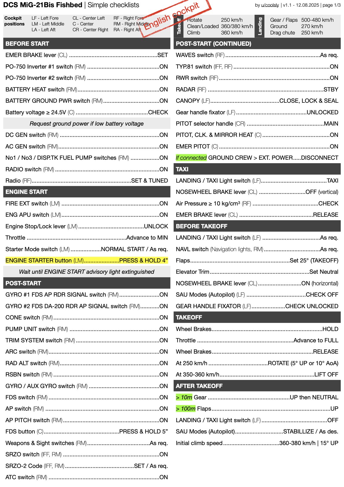 MiG-21Bis Fishbed Simple Checklists