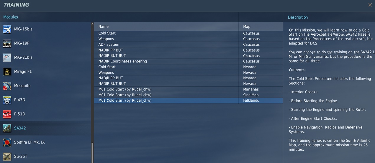 Detailed Cold Start training mission for the Gazelle.