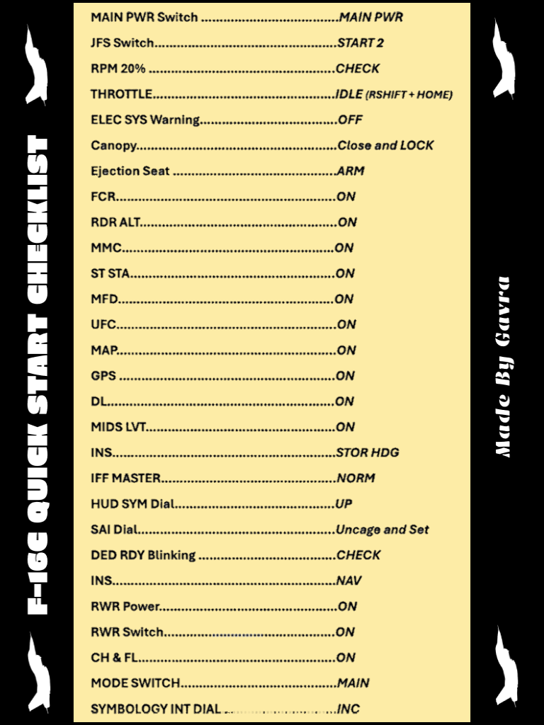 F-16C Quick Start Checklist (Kneeboard) 