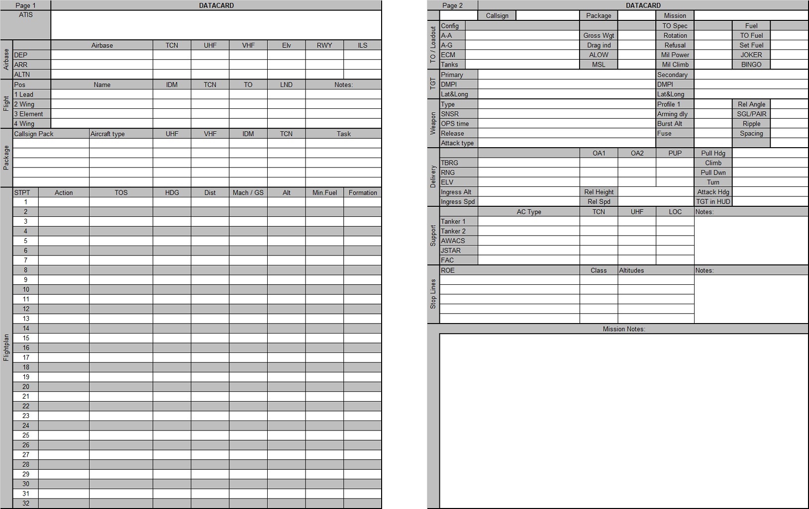 Mission Kneeboard Template (Data Card) in Excel format