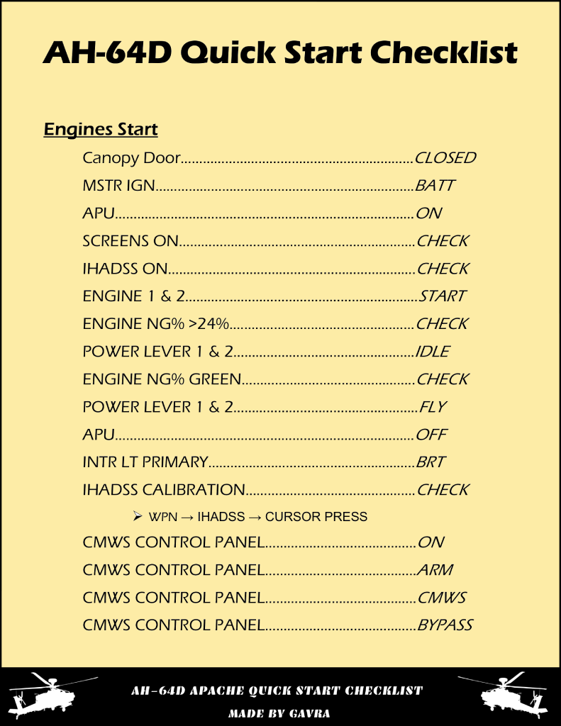 AH-64D Quick Start Checklist (Kneeboard) 
